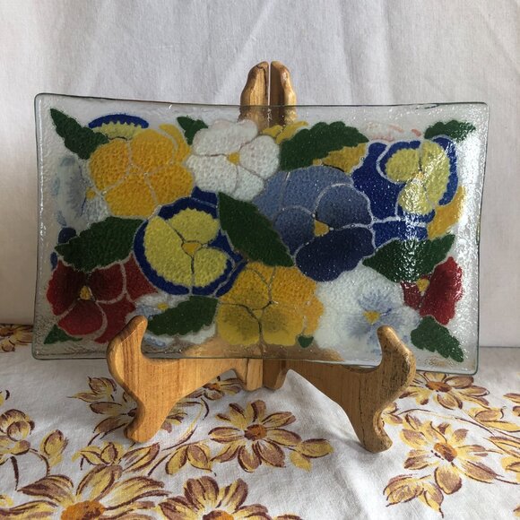 Fused Glass Peggy Karr Rectangular Pansy Serving Plate - Picture 2 of 2